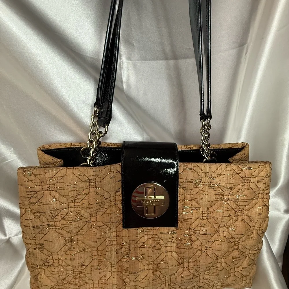 Kate Spade New York Tote Bag Quilted Tan Gold Metallic Shoulder Bag Designer